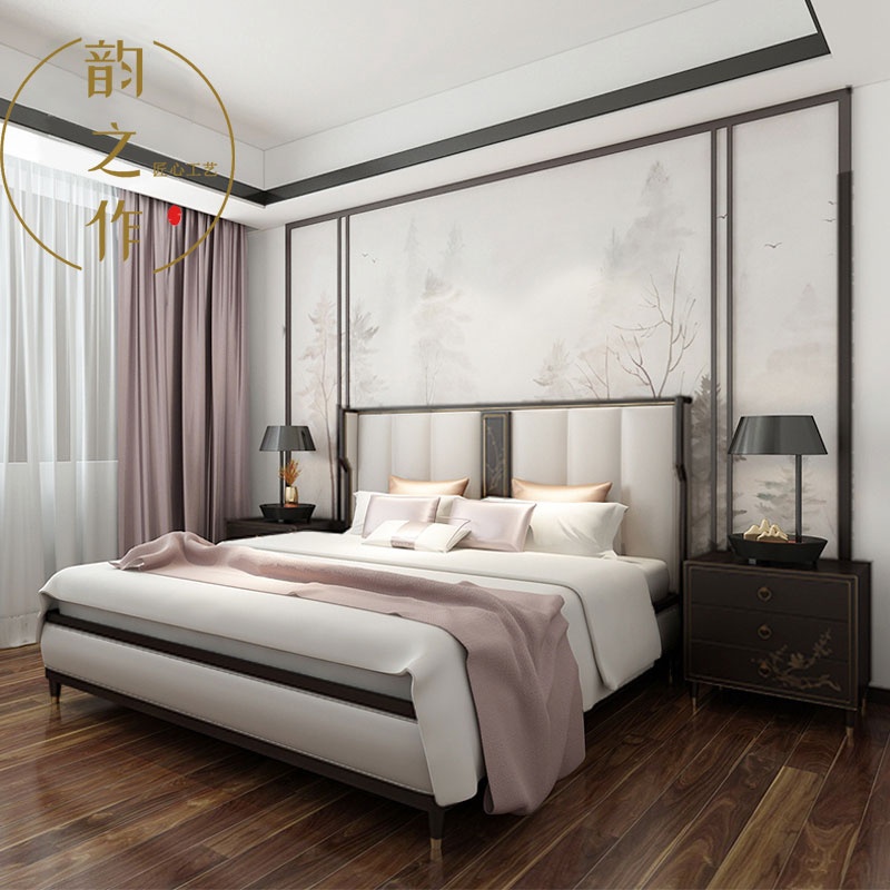新中式实木双人床主卧别墅样板房
