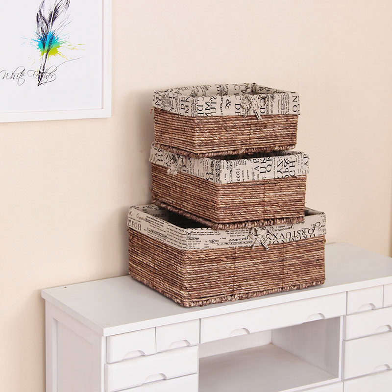 玉米藤编织筐棕色方形玄关可拆洗