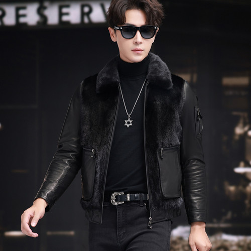 海宁真皮皮衣男貂皮大衣短款翻领