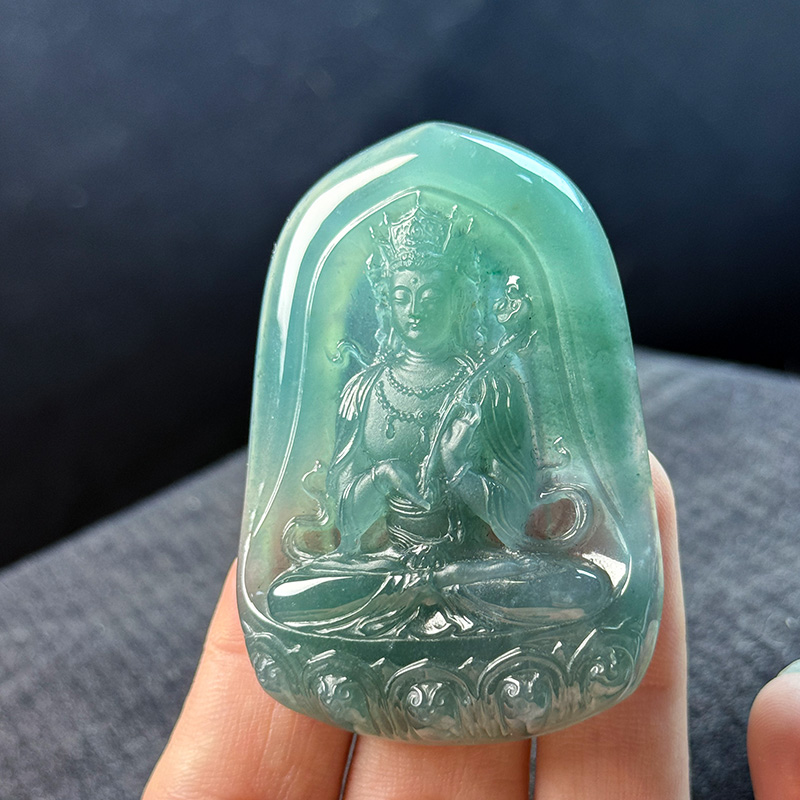 天然翡翠A货文殊菩萨吊坠