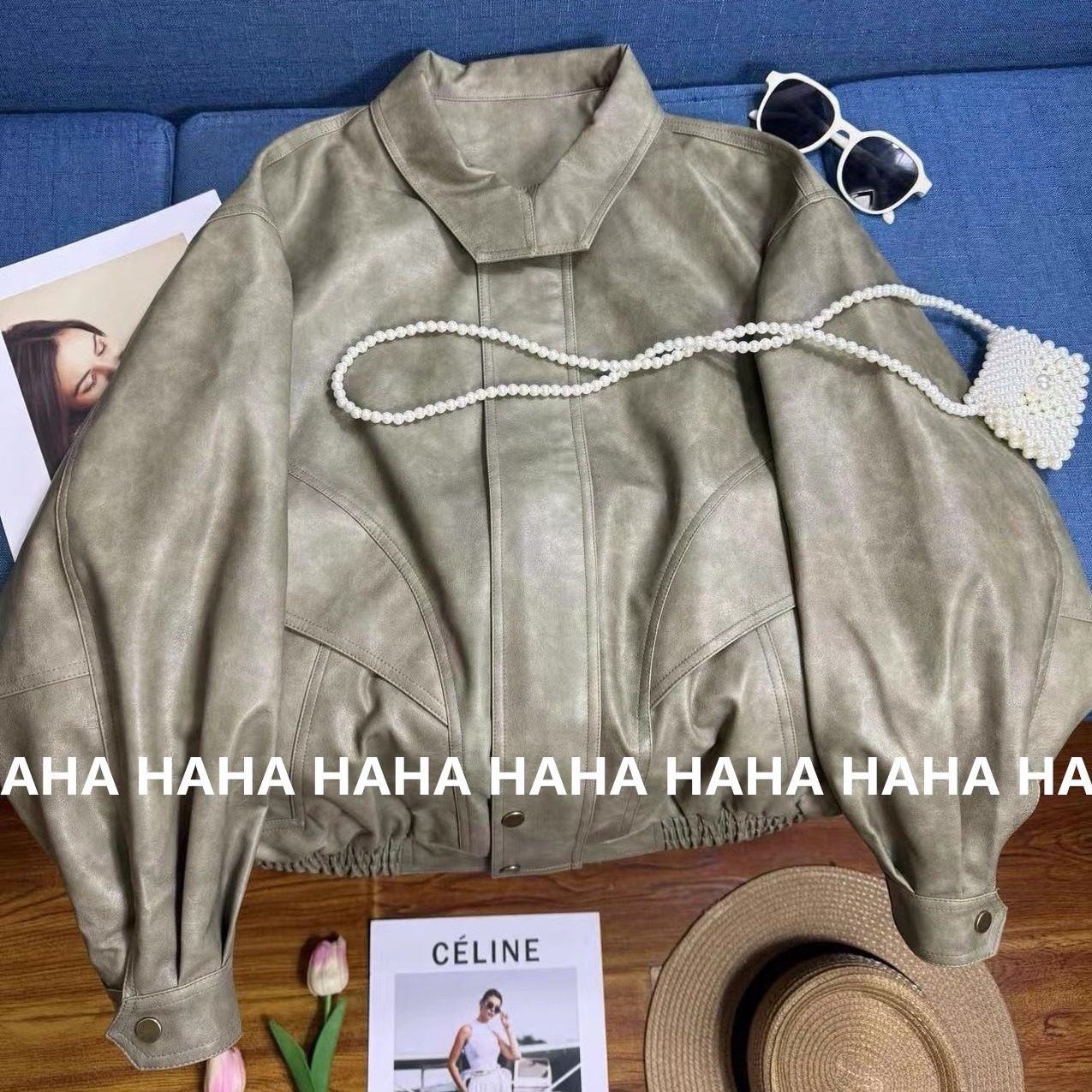 HAHA复古飞行员夹克立领油蜡皮肌理感帅气灰绿色皮衣外套女春秋