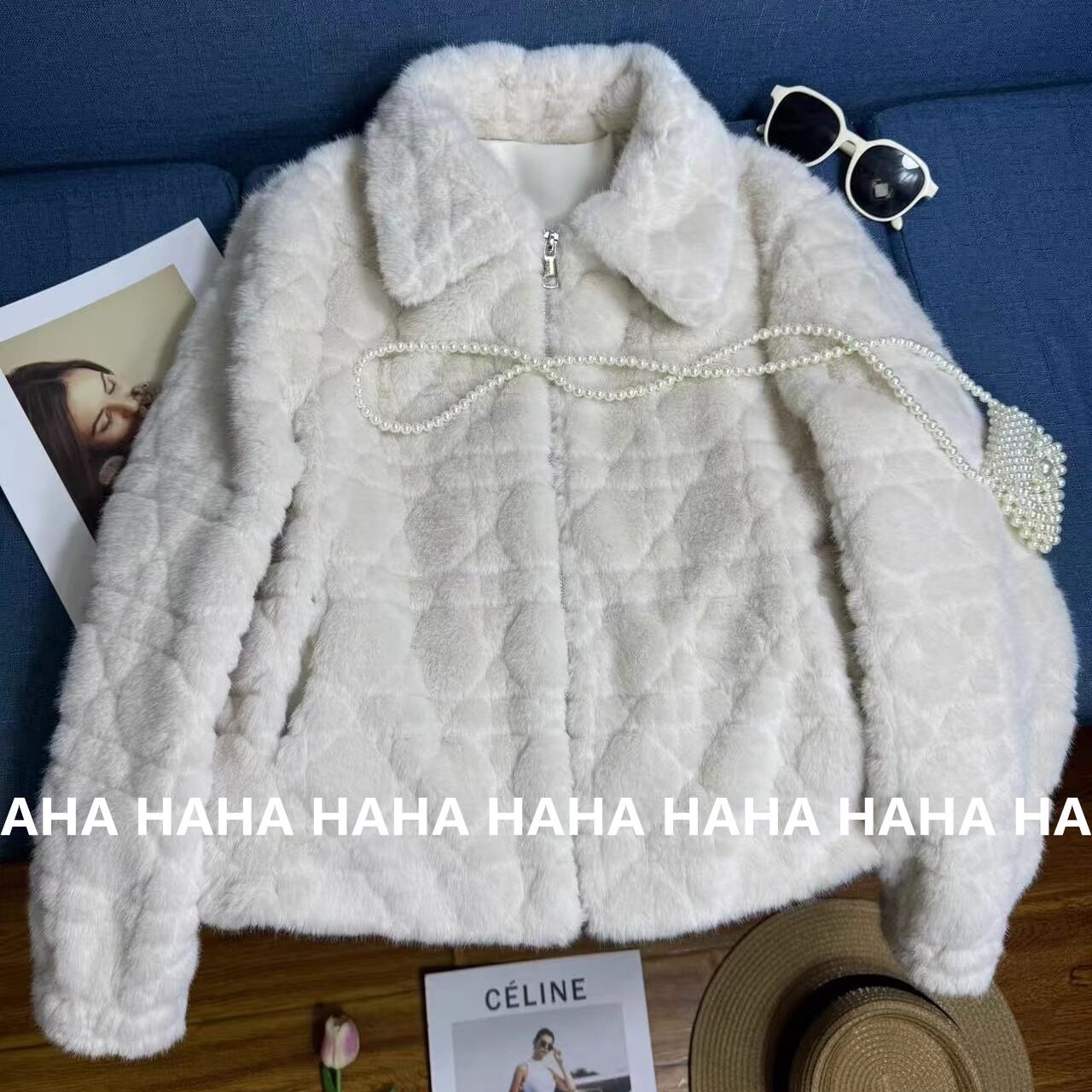 HAHA白色仿水貂毛环保皮草外套女冬夹棉加厚格纹翻领短款毛毛上衣