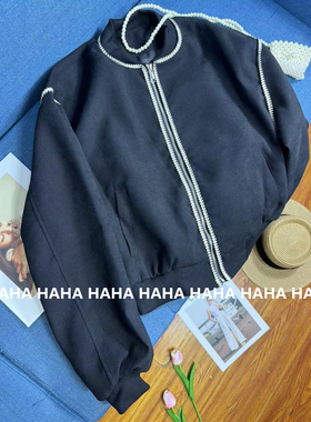 HAHA黑色棒球服外套女秋新款减龄洋气复古港风chic麦穗纹上衣夹克