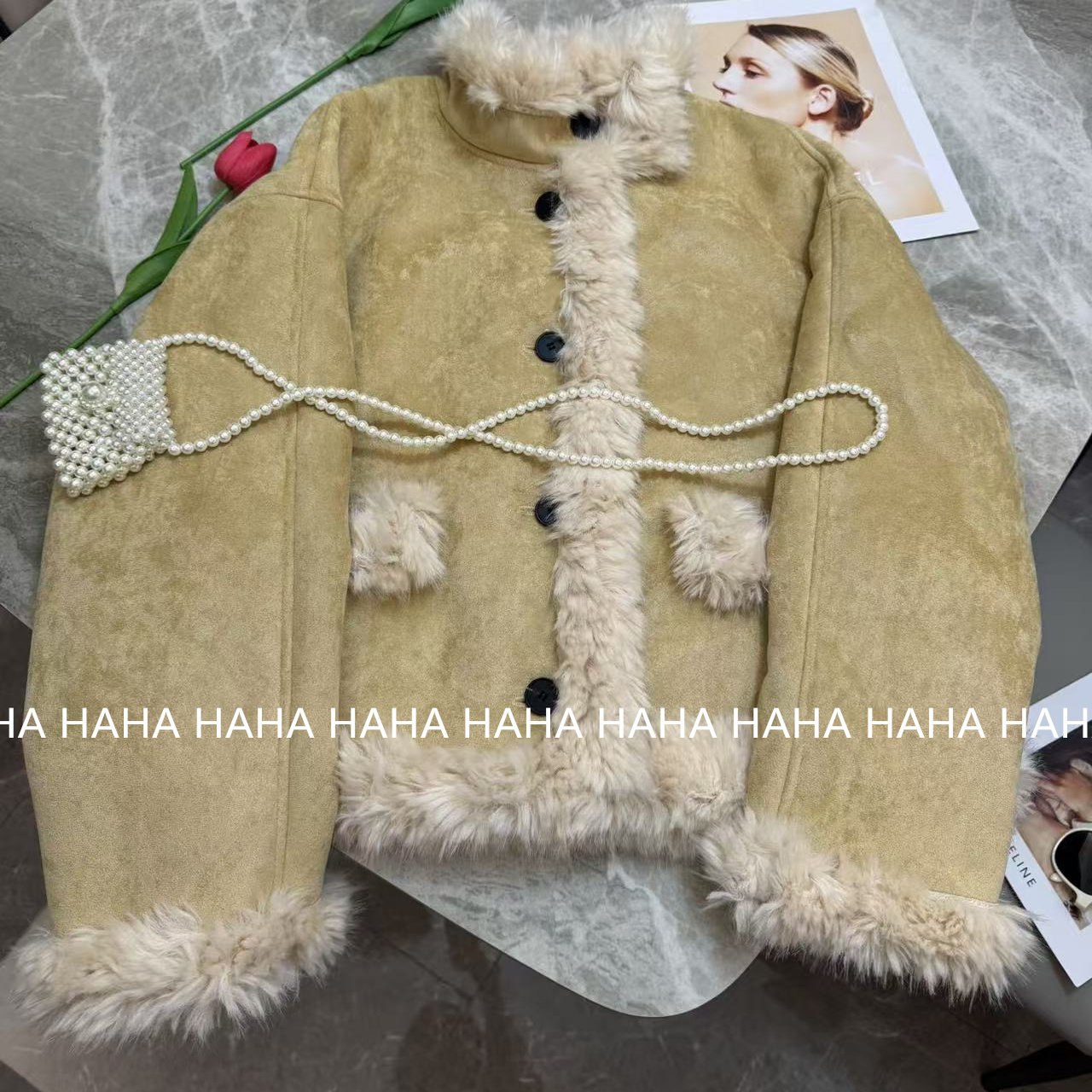 HAHA黄色高级感羊羔毛短外套女冬季新款小个子气质保暖皮毛一体女