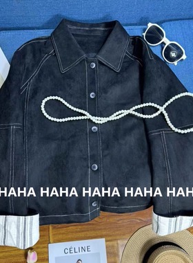 HAHA韩系黑色麂皮绒外套女春秋新款条纹袖口拼接复古时尚宽松上衣