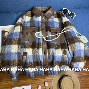 HAHA美式复古毛呢拼接皮衣外套女冬季美拉德加绒氛围感保暖上衣潮