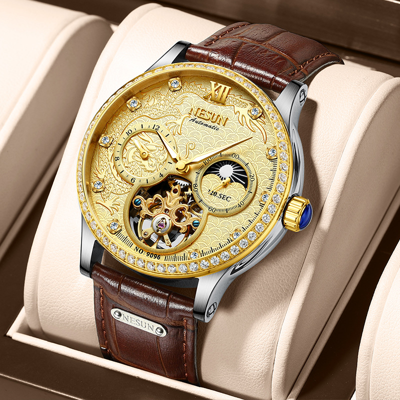 男表机械表尼尚镂空休闲表真皮表