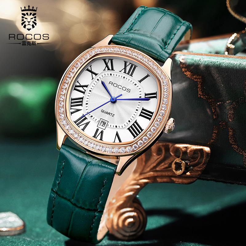 雷克斯品牌手表女日历小绿表皮带复古精钢石英女表r0247罗拉同款