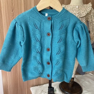 韩国小云朵童装女童泡泡袖针织开衫外衣儿童毛衣外套上衣可爱百搭