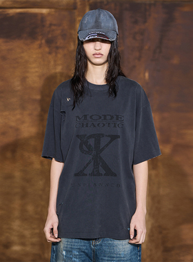 EXITMODE BY BLINDNOPLAN 24SS  破洞水洗蓝灰色印花纯棉短袖T恤