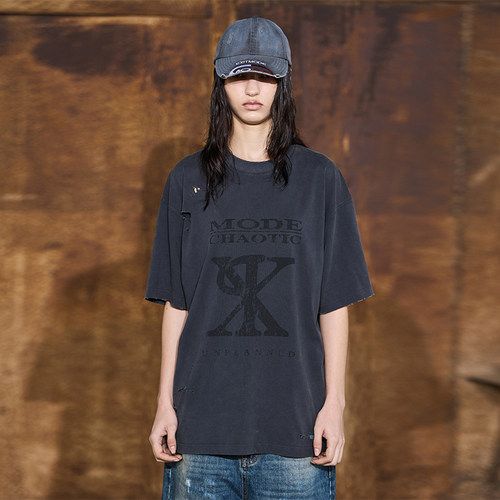 破洞水洗蓝灰色印花短袖T恤