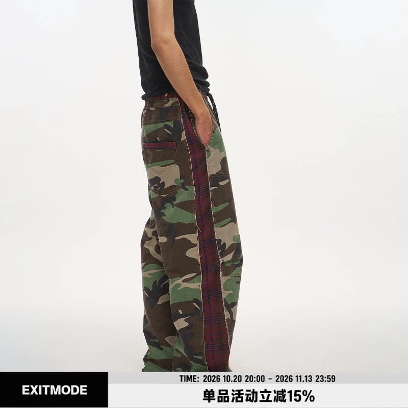 EXITMODE 26FW美式复古迷彩格纹拼接伐木休闲裤毛边直筒长裤男女