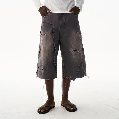 EXITMODE 26SS 双层破坏水洗灰做旧牛仔休闲宽松短裤男女同款