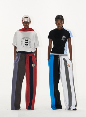 EXITMODE BY BLINDNOPLAN 25SS 双腰撞色毛边拼接徽章刺绣运动裤