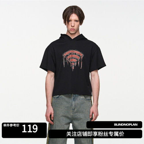 BLINDNOPLAN 24SS  WIFI印花连帽运动肌理宽松休闲短袖T恤
