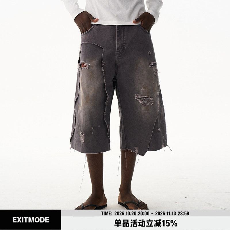 EXITMODE 26SS 双层破坏水洗灰做旧牛仔休闲宽松短裤男女同款