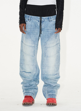 EXITMODE BY BLINDNOPLAN 25SS 双层腰运动牛仔错位伐木裤潮流