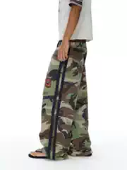 Exitmode 26Ss Retro Distressed Double-Waist Pleated Camouflage Badge Embroidered Loose Casual Pants Unisex