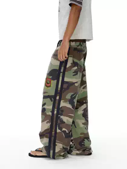 Exitmode 26Ss Retro Distressed Double-Waist Pleated Camouflage Badge Embroidered Loose Casual Pants Unisex