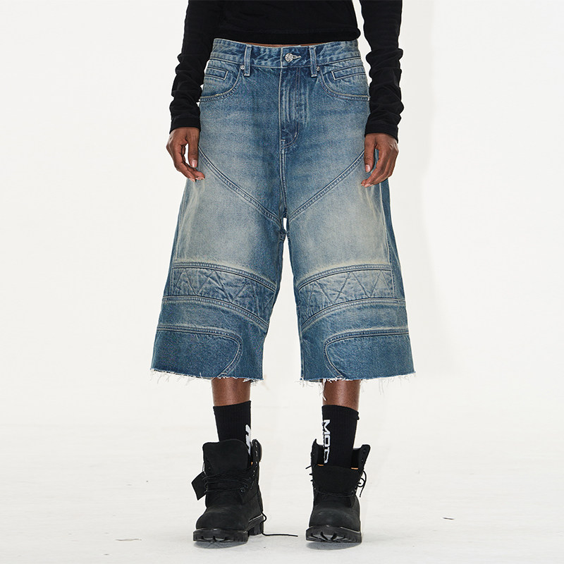 EXITMODE BY BLINDNOPLAN 25SS水洗做旧机车毛边短裤直筒牛仔裤