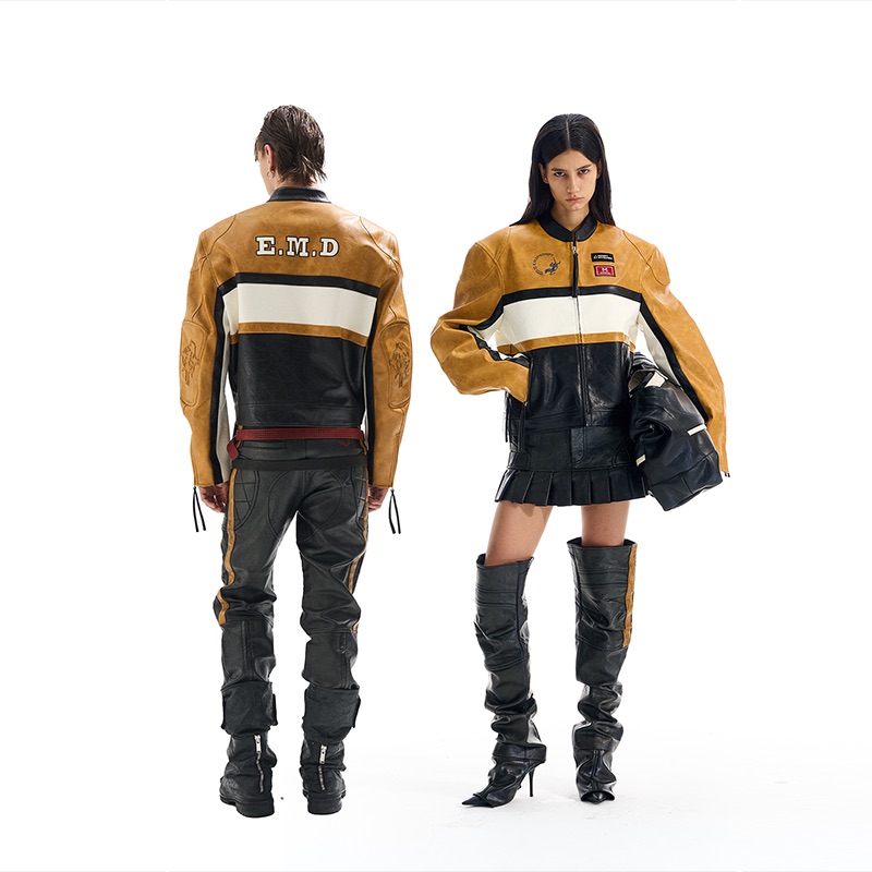 【明星同款】 BLINDNOPLAN 25AW 撞色拼接运动短款皮衣夹克外套