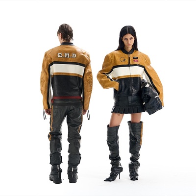 【明星同款】 BLINDNOPLAN 25AW 撞色拼接运动短款皮衣夹克外套