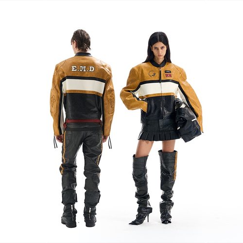 【明星同款】 BLINDNOPLAN 25AW 撞色拼接运动短款皮衣夹克外套