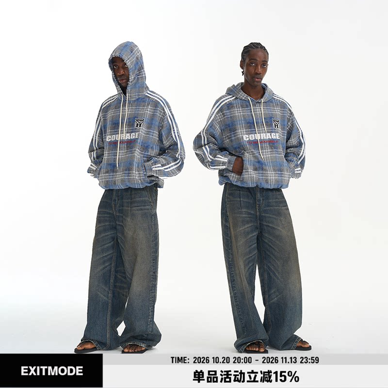 EXITMODE BY BLINDNOPLAN26SS拼接撞色格纹运动休闲宽松套头卫衣