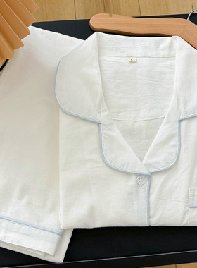 水洗棉纯白翻领长袖睡衣女纯棉简约白色大码亲肤家居服套装可外穿