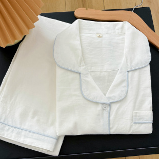 水洗棉纯白翻领长袖睡衣女纯棉简约白色大码亲肤家居服套装可外穿