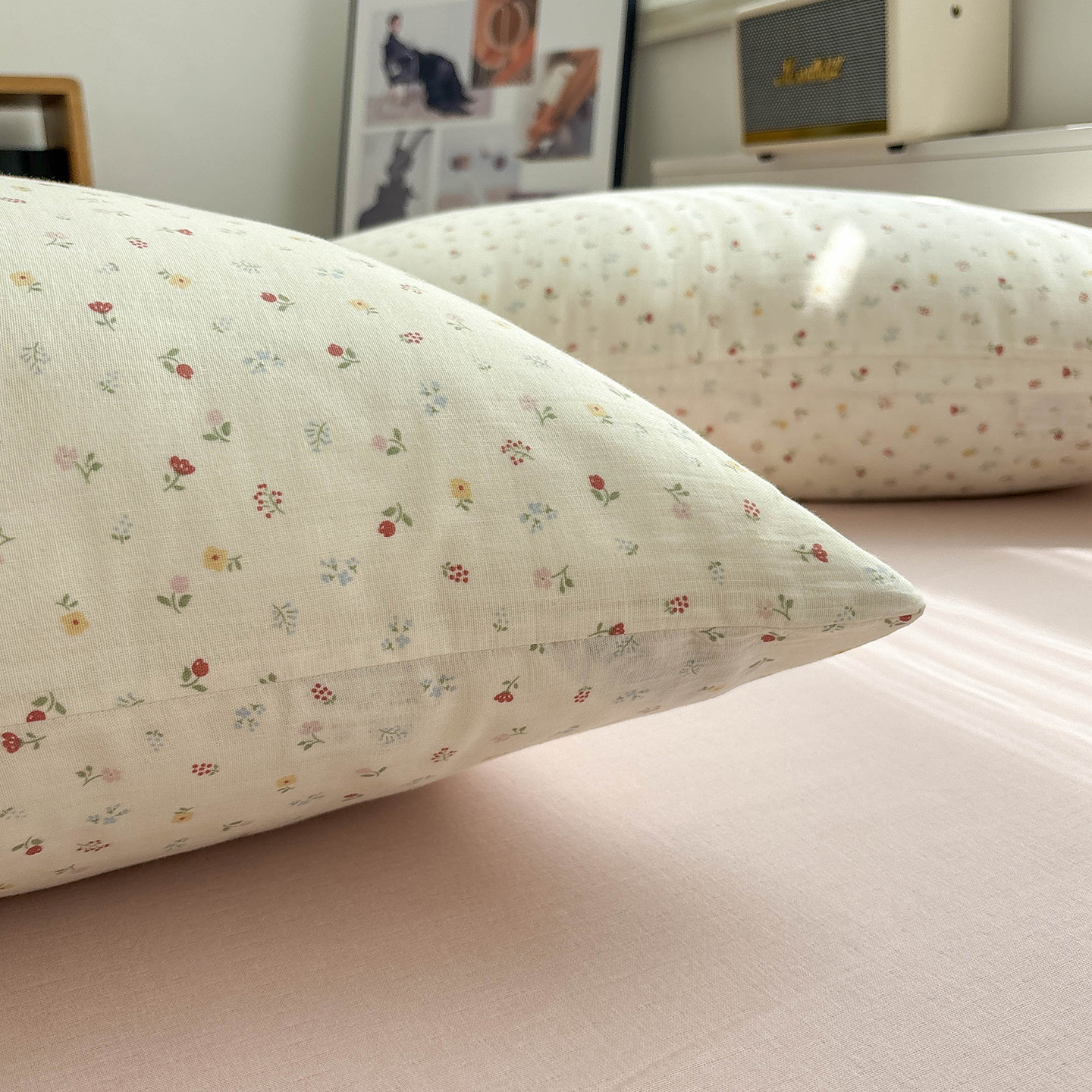 A类双层纱奶油小花枕套一对装48x74全棉成人枕头套单个枕芯内胆套