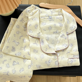 A类双层纱奶乎乎全棉纯棉纱布睡衣女可爱长袖套装春秋女士家居服