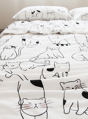 喵喵喵!手绘猫咪卡通可爱全棉斜纹床单被套单件纯棉被罩白色干净