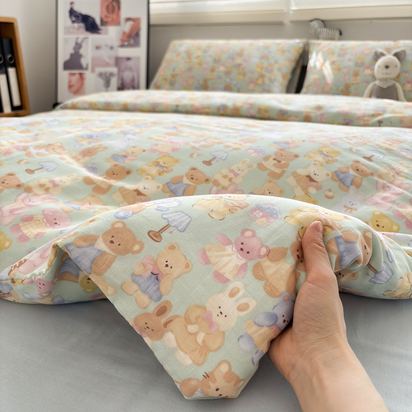 薄荷小熊A类双层纱全棉四件套1.5m1.8卡通纯棉学生宿舍床三件套