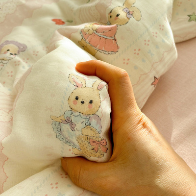 唐朝一只鱼双层纱奶萌兔床单