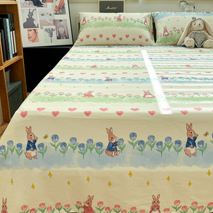 高档加厚老粗布茶园兔卡通纯棉床单单件全棉被单三件套四季通用