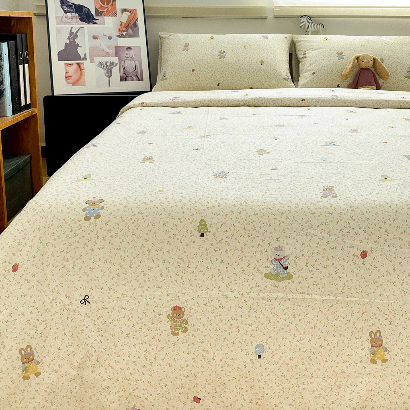 花花小熊兔卡通全棉四件套1.5m1.8米床上用品学生宿舍纯棉三件套