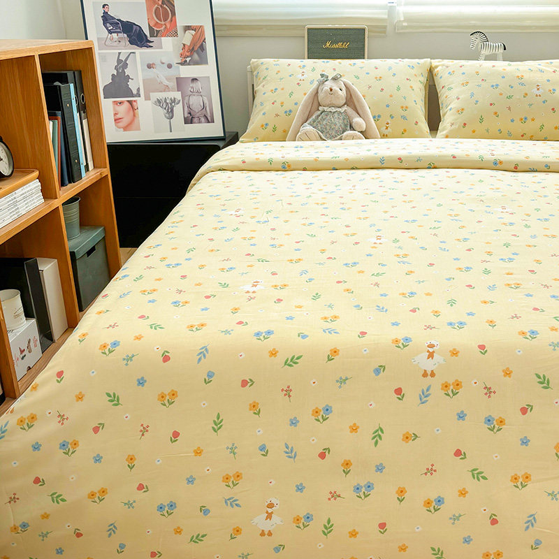 双层纱小黄鹅卡通可爱全棉四件套床单床笠款学生宿舍床1.2m三件套