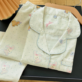 A类双层纱小熊点点棉纱睡衣女卡通可爱印花长袖简约家居服套装