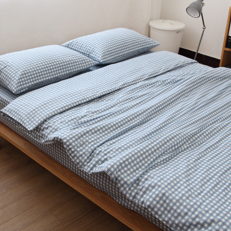 简约浅蓝小格日系格子纯棉三四件套床单被套枕套全棉床笠简约风格,床上用品,床品套件/四件套/多件套,淘宝优惠券,粉丝福利购,淘宝优惠卷