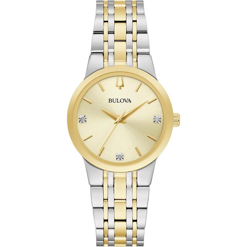 日本代购BULOVA/宝路华女士欧美腕表三针显示钻石点缀不锈钢表壳