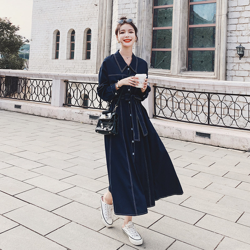 中长款蓝色裙子女秋季新款法式收腰显瘦长裙气质女神范绑带连衣裙,女装风衣,浙宝199