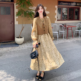 麂皮绒马甲碎花连衣裙女2025新款早秋穿搭温柔风绝美长裙，女装连衣裙，浙宝199