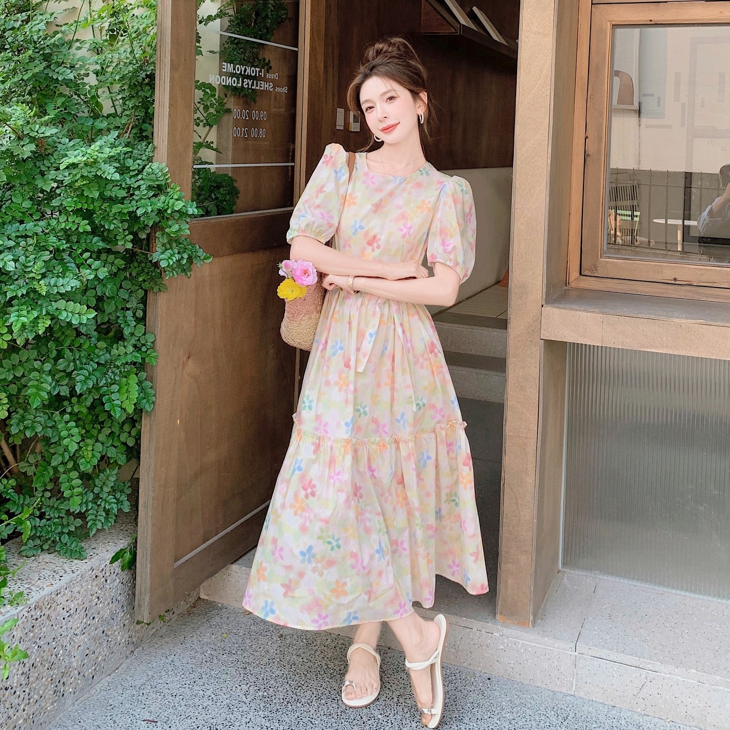 法式浪漫泡泡袖碎花连衣裙女2025夏季新款海边度假风绝美收腰裙子,女装连衣裙,浙宝199