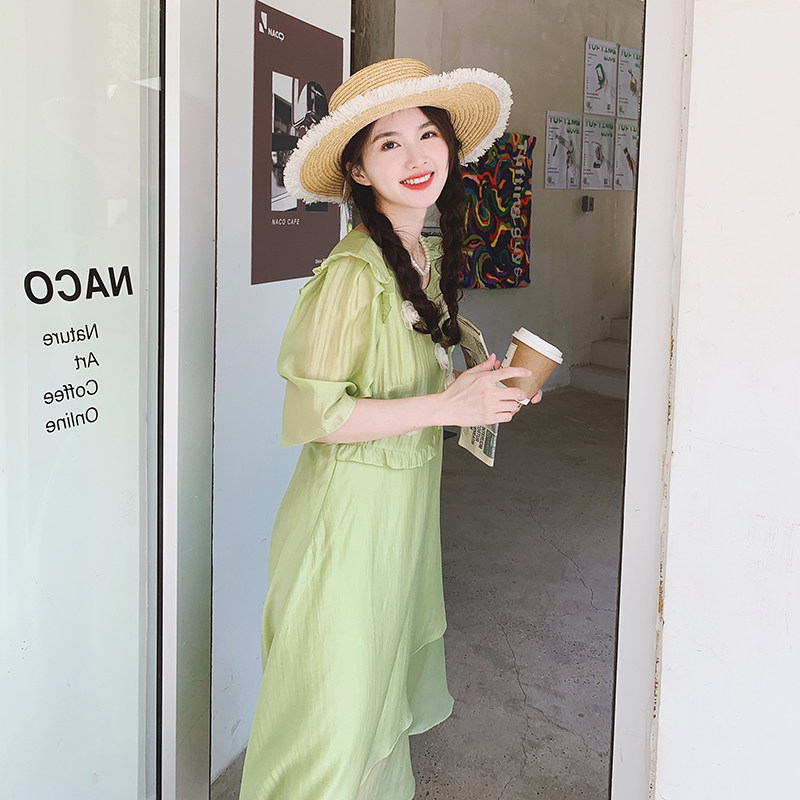 小清新法式浅绿色连衣裙女夏季2024新款小众设计感森系温柔风裙子,女装连衣裙,浙宝199