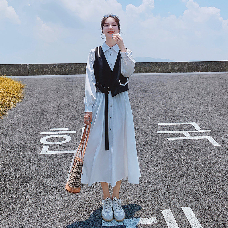 小众设计感撞色拼接长袖连衣裙女秋季2024新款时尚洋气衬衫长裙子图片