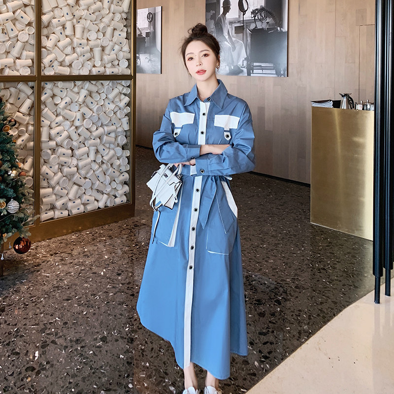实拍法式连衣裙女春秋新款收腰显瘦设计感小众撞色拼接长款衬衫裙,女装连衣裙,浙宝199