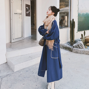 高级感赫本风呢子大衣女冬季2025新款韩系长款孔雀蓝拼接毛呢外套图片