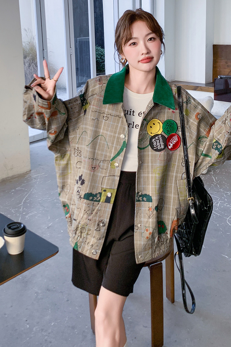 美式复古格纹涂鸦外套女2025春季新款学院风休闲减龄夹克上衣爆款,女装西装,浙宝199