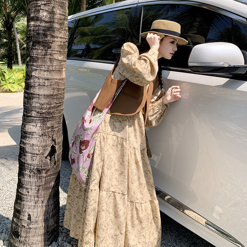卡其色法式小个子碎花连衣裙女春2025新款时尚减龄马甲,女装连衣裙,浙宝199